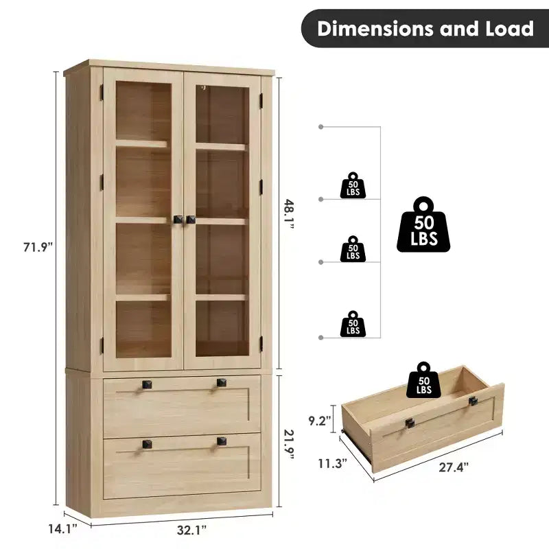 Garde-manger moderne de style ferme de 72 po – Armoire de rangement haute avec portes vitrées, 2 tiroirs et étagères réglables pour salle à manger et salon