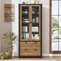 72 Modern Farmhouse Pantry Cabinet - Tall Kitchen Storage Hutch w/ Glass Doors, 2 Drawers & Adjustable Shelves for Dining & Living Room