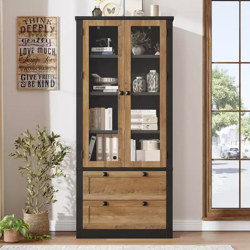 72 Modern Farmhouse Pantry Cabinet - Tall Kitchen Storage Hutch w/ Glass Doors, 2 Drawers & Adjustable Shelves for Dining & Living Room