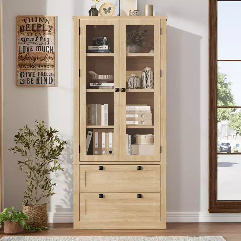 Garde-manger moderne de style ferme de 72 po – Armoire de rangement haute avec portes vitrées, 2 tiroirs et étagères réglables pour salle à manger et salon