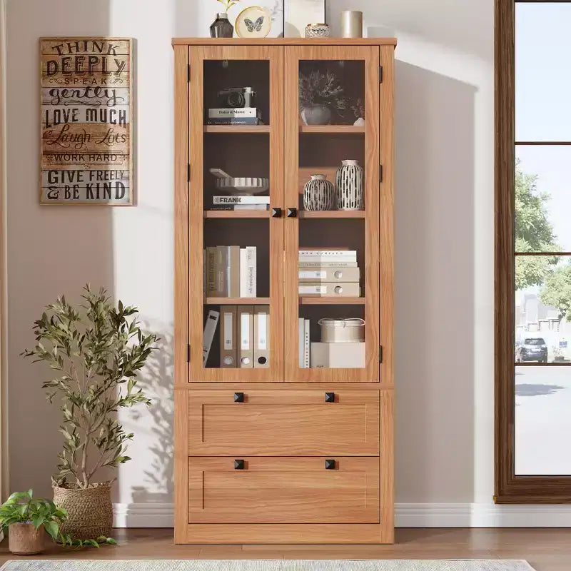 Garde-manger moderne de style ferme de 72 po – Armoire de rangement haute avec portes vitrées, 2 tiroirs et étagères réglables pour salle à manger et salon