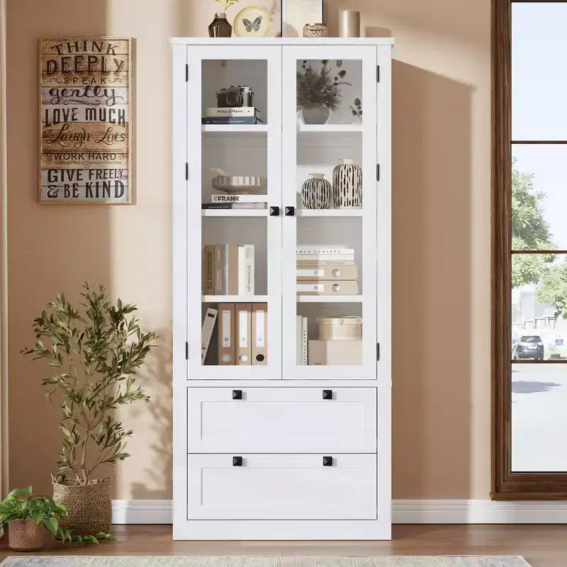 Garde-manger moderne de style ferme de 72 po – Armoire de rangement haute avec portes vitrées, 2 tiroirs et étagères réglables pour salle à manger et salon
