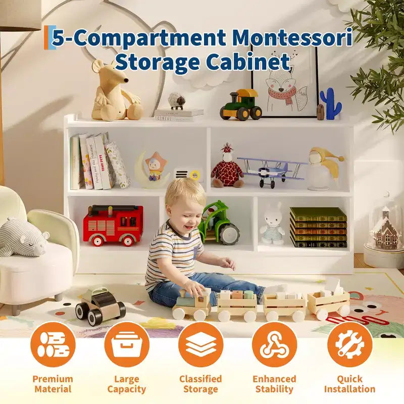 Étagère en bois à 5 sections et 2 niveaux pour enfants, bibliothèque de rangement ouverte pour jouets, pour salle de jeux, chambre de bébé, salle de classe et jardin d'enfants