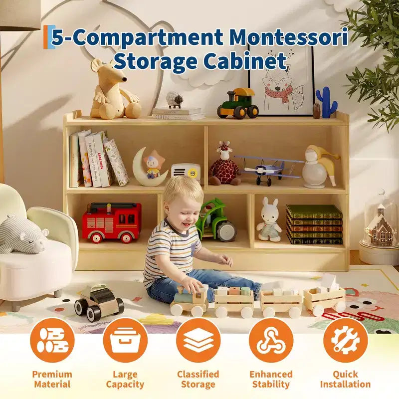 Étagère en bois à 5 sections et 2 niveaux pour enfants, bibliothèque de rangement ouverte pour jouets, pour salle de jeux, chambre de bébé, salle de classe et jardin d'enfants