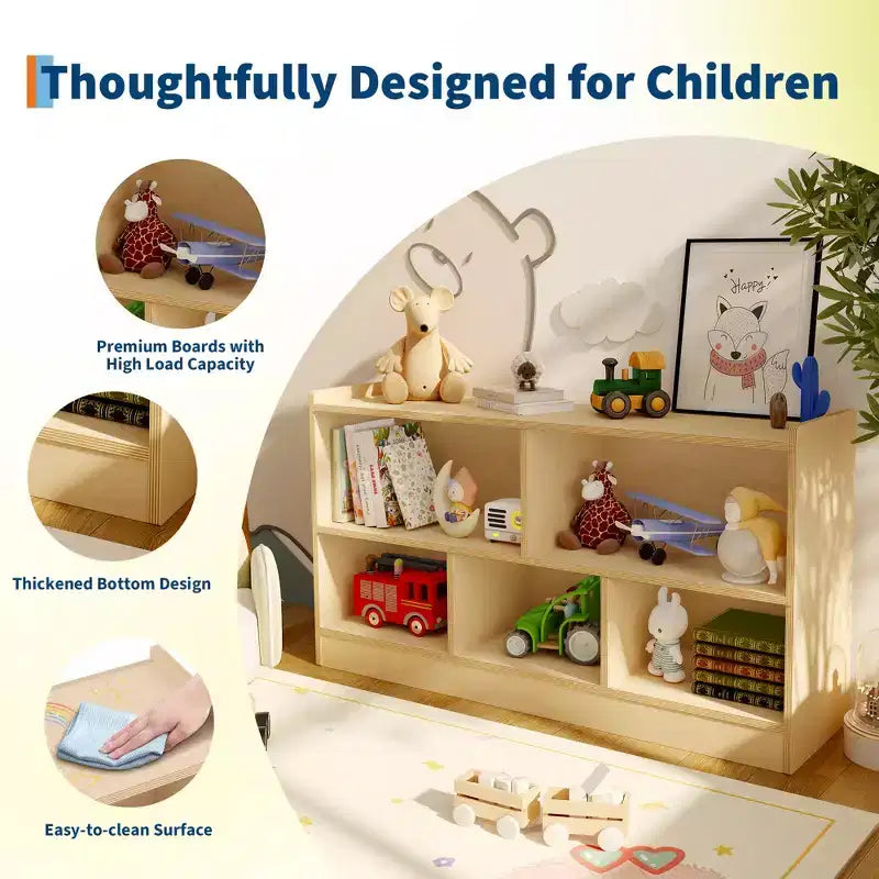 Étagère en bois à 5 sections et 2 niveaux pour enfants, bibliothèque de rangement ouverte pour jouets, pour salle de jeux, chambre de bébé, salle de classe et jardin d'enfants