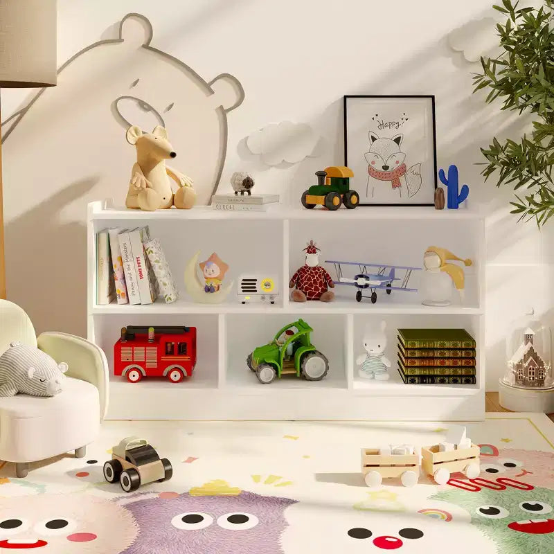 Étagère en bois à 5 sections et 2 niveaux pour enfants, bibliothèque de rangement ouverte pour jouets, pour salle de jeux, chambre de bébé, salle de classe et jardin d'enfants