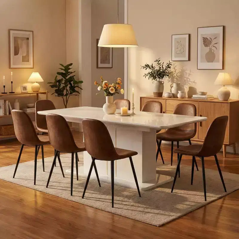 FurnitureR 7 Piece Dining Table Set for 6, Modern MDF Dining Table with 6 Suede Upholstered Chairs, Metal Legs Kitchen Dining Room Table Set for Home