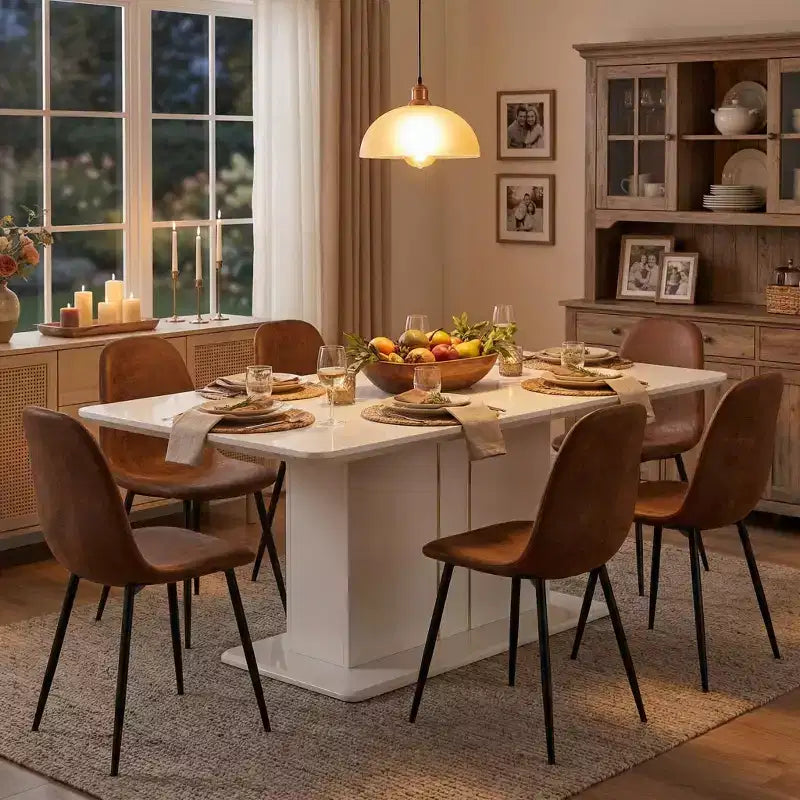 FurnitureR 7 Piece Dining Table Set for 6, Modern MDF Dining Table with 6 Suede Upholstered Chairs, Metal Legs Kitchen Dining Room Table Set for Home