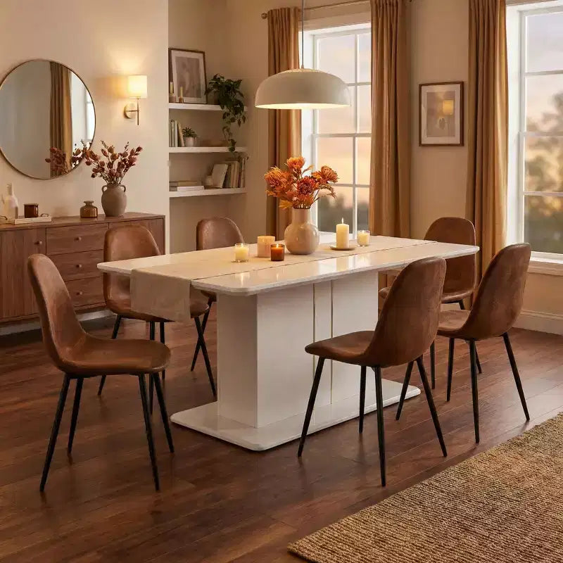 FurnitureR 7 Piece Dining Table Set for 6, Modern MDF Dining Table with 6 Suede Upholstered Chairs, Metal Legs Kitchen Dining Room Table Set for Home