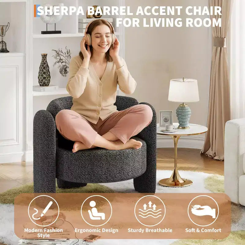 Fauteuil d'appoint tonneau moderne oversize en chenille, fauteuil de salon du milieu du siècle avec dossier ouvert, confort moelleux et douillet pour le salon, la chambre, le bureau