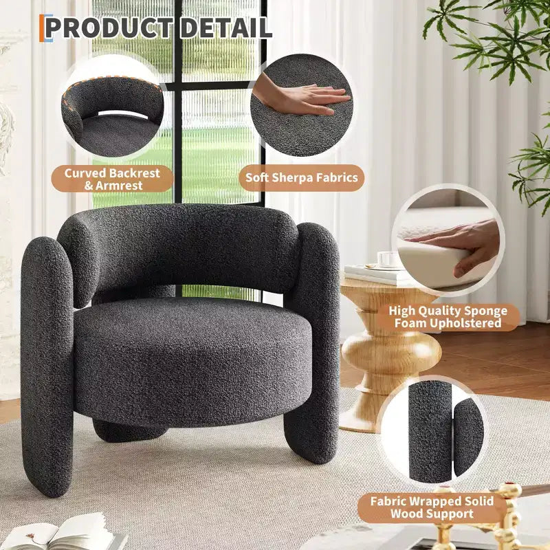 Fauteuil d'appoint tonneau moderne oversize en chenille, fauteuil de salon du milieu du siècle avec dossier ouvert, confort moelleux et douillet pour le salon, la chambre, le bureau