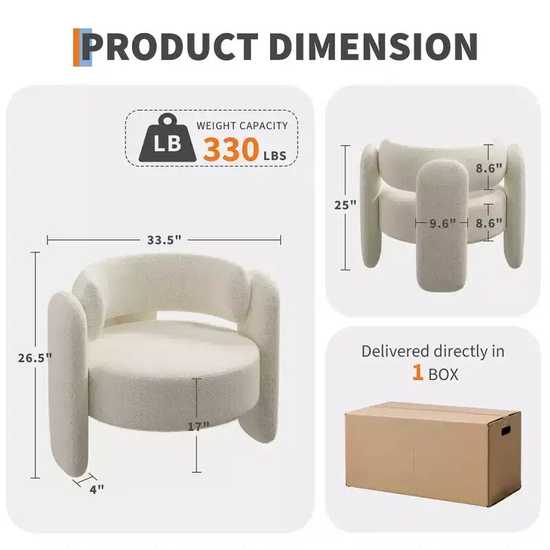 Fauteuil d'appoint tonneau moderne oversize en chenille, fauteuil de salon du milieu du siècle avec dossier ouvert, confort moelleux et douillet pour le salon, la chambre, le bureau