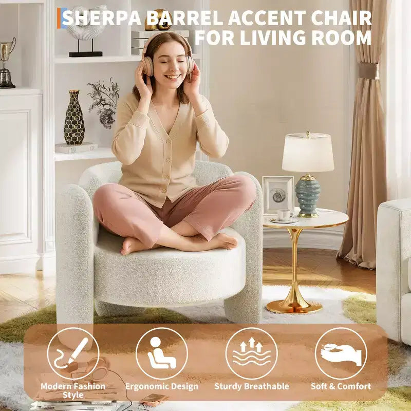 Fauteuil d'appoint tonneau moderne oversize en chenille, fauteuil de salon du milieu du siècle avec dossier ouvert, confort moelleux et douillet pour le salon, la chambre, le bureau