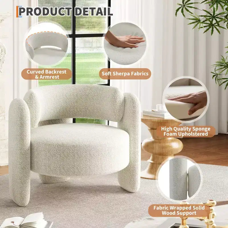 Fauteuil d'appoint tonneau moderne oversize en chenille, fauteuil de salon du milieu du siècle avec dossier ouvert, confort moelleux et douillet pour le salon, la chambre, le bureau