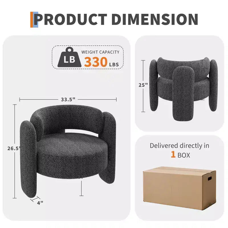 Fauteuil d'appoint tonneau moderne oversize en chenille, fauteuil de salon du milieu du siècle avec dossier ouvert, confort moelleux et douillet pour le salon, la chambre, le bureau