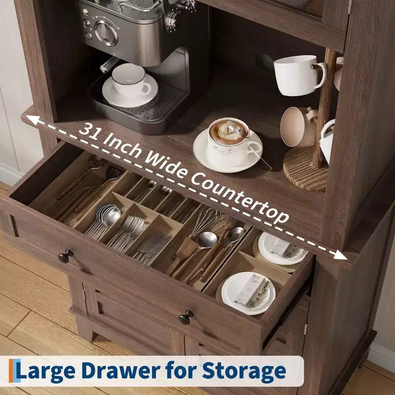 Garde-manger de cuisine autoportant de 72 po de haut – 2 portes vitrées, 2 portes en bois, tiroir, étagères réglables
