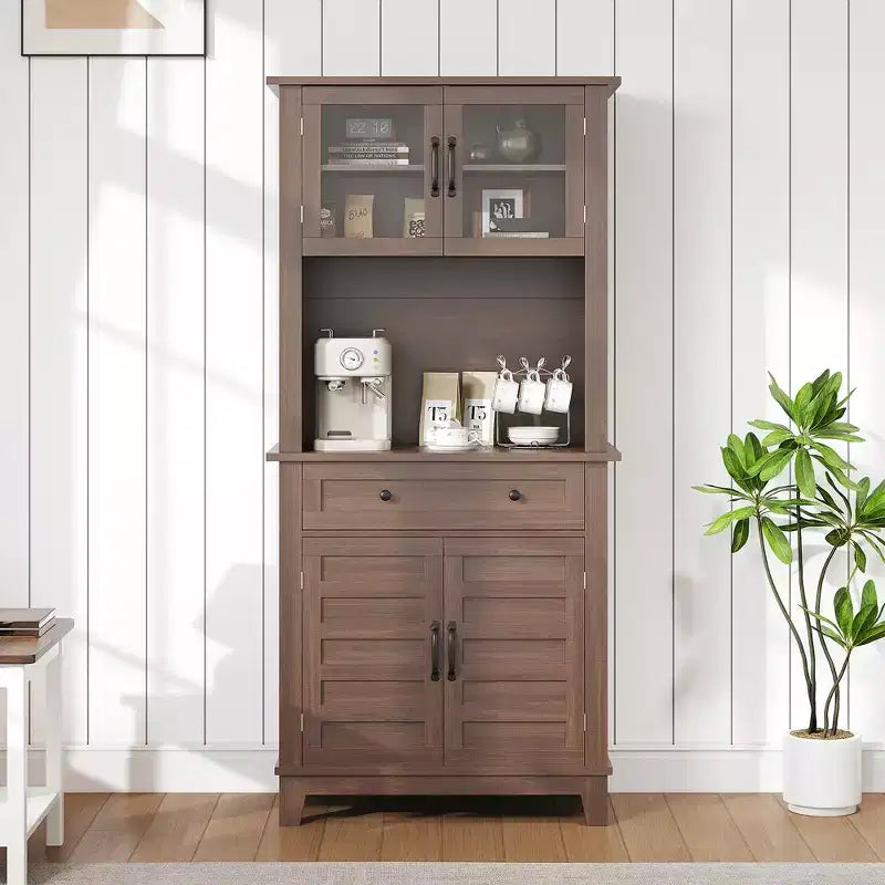 Garde-manger de cuisine autoportant de 72 po de haut – 2 portes vitrées, 2 portes en bois, tiroir, étagères réglables