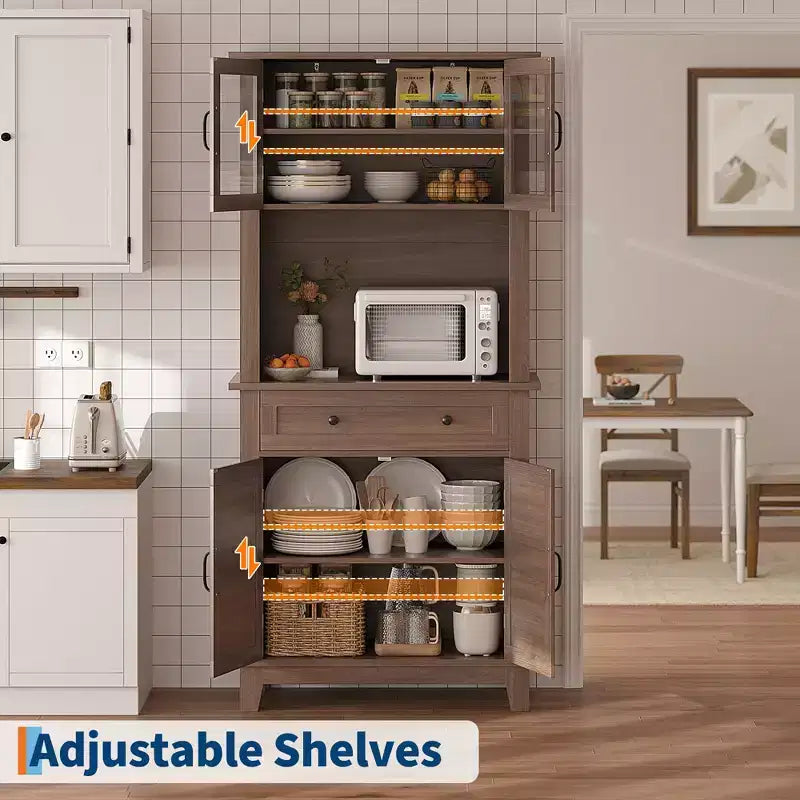 Garde-manger de cuisine autoportant de 72 po de haut – 2 portes vitrées, 2 portes en bois, tiroir, étagères réglables