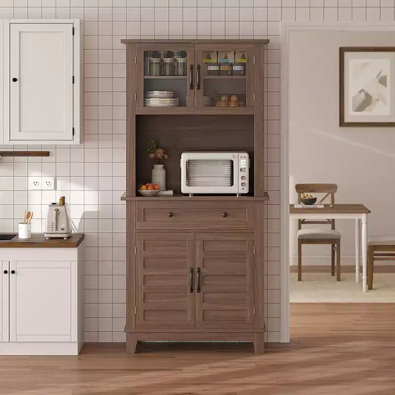 Garde-manger de cuisine autoportant de 72 po de haut – 2 portes vitrées, 2 portes en bois, tiroir, étagères réglables
