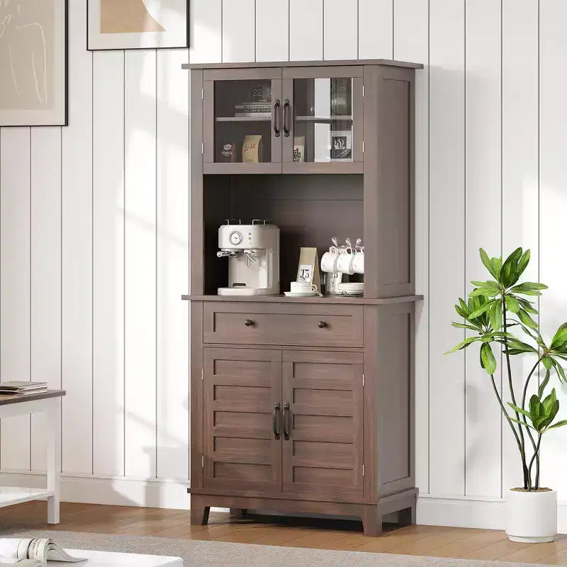 Garde-manger de cuisine autoportant de 72 po de haut – 2 portes vitrées, 2 portes en bois, tiroir, étagères réglables