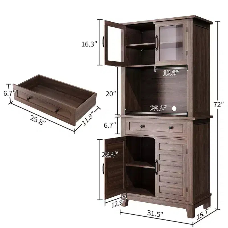 Garde-manger de cuisine autoportant de 72 po de haut – 2 portes vitrées, 2 portes en bois, tiroir, étagères réglables