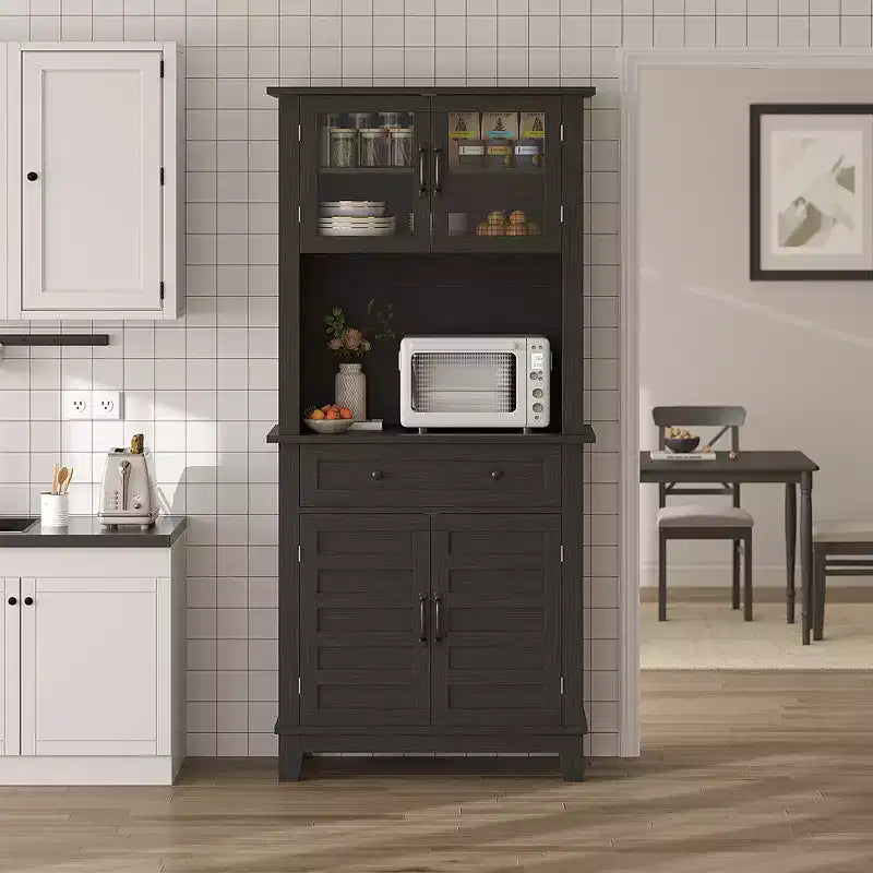 Garde-manger de cuisine autoportant de 72 po de haut – 2 portes vitrées, 2 portes en bois, tiroir, étagères réglables