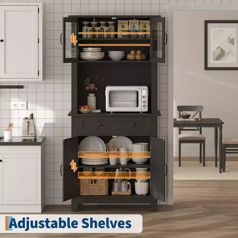 Garde-manger de cuisine autoportant de 72 po de haut – 2 portes vitrées, 2 portes en bois, tiroir, étagères réglables