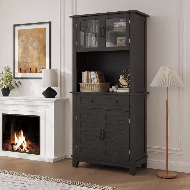 Garde-manger de cuisine autoportant de 72 po de haut – 2 portes vitrées, 2 portes en bois, tiroir, étagères réglables