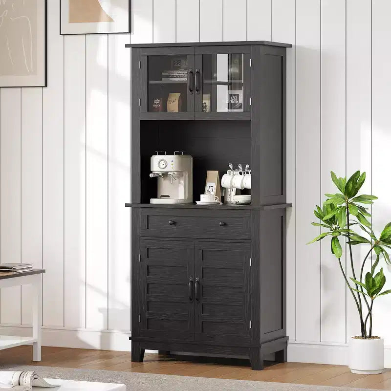 Garde-manger de cuisine autoportant de 72 po de haut – 2 portes vitrées, 2 portes en bois, tiroir, étagères réglables