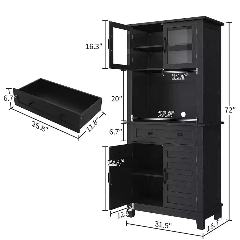 Garde-manger de cuisine autoportant de 72 po de haut – 2 portes vitrées, 2 portes en bois, tiroir, étagères réglables