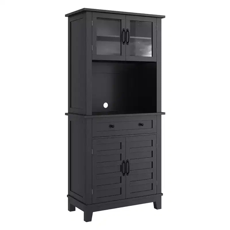 72 Tall Freestanding Kitchen Pantry Storage Cabinet  2 Glass Doors, 2 Wooden Doors, Drawer, Adjustable Shelves