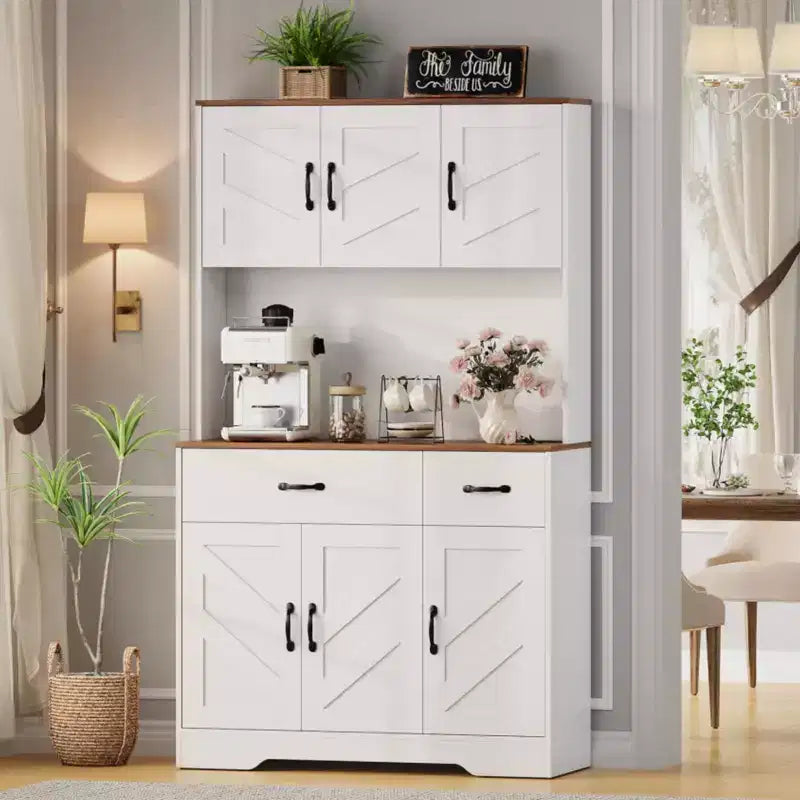 71 Farmhouse Pantry Cabinet with Charging Station, 4-Door 2-Drawer