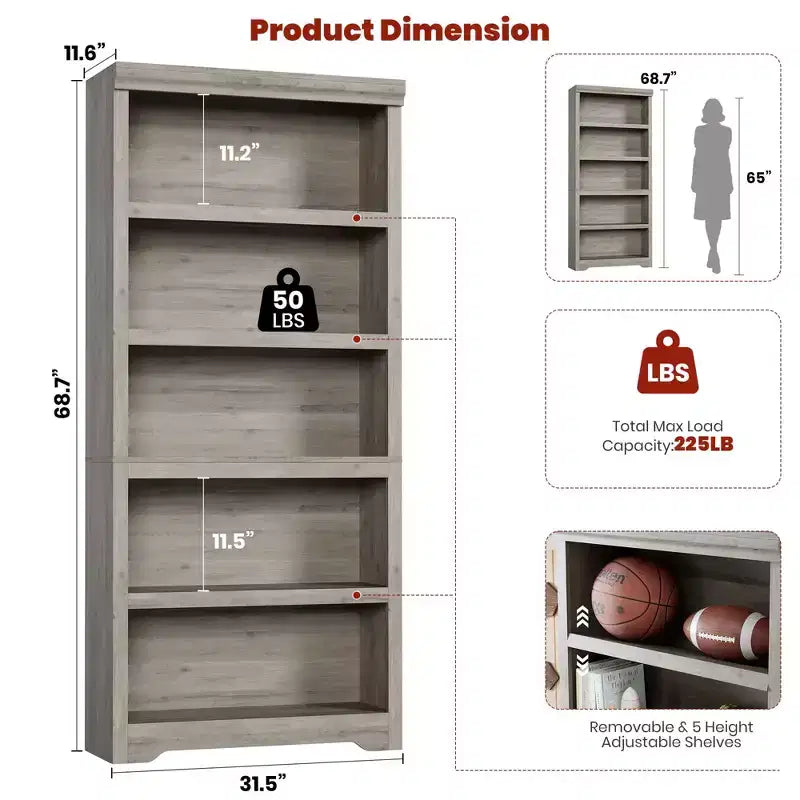 Étagère de style rustique à 5 niveaux, bibliothèque haute de 175 cm avec étagères réglables et conception antidérapante, étagère de rangement ouverte pour bureau à domicile, salon