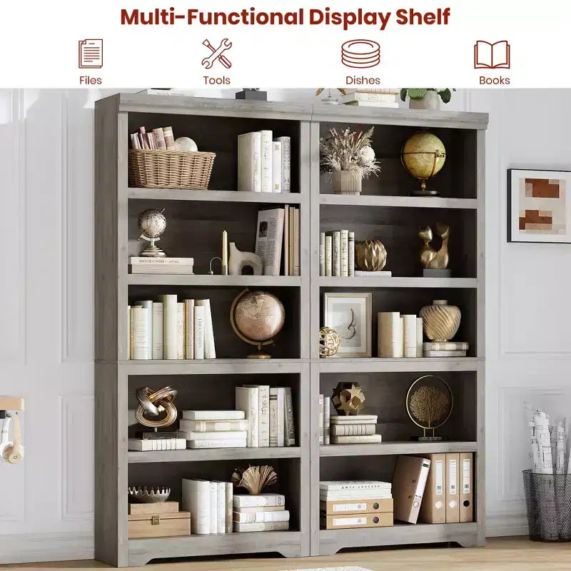 Étagère de style rustique à 5 niveaux, bibliothèque haute de 175 cm avec étagères réglables et conception antidérapante, étagère de rangement ouverte pour bureau à domicile, salon
