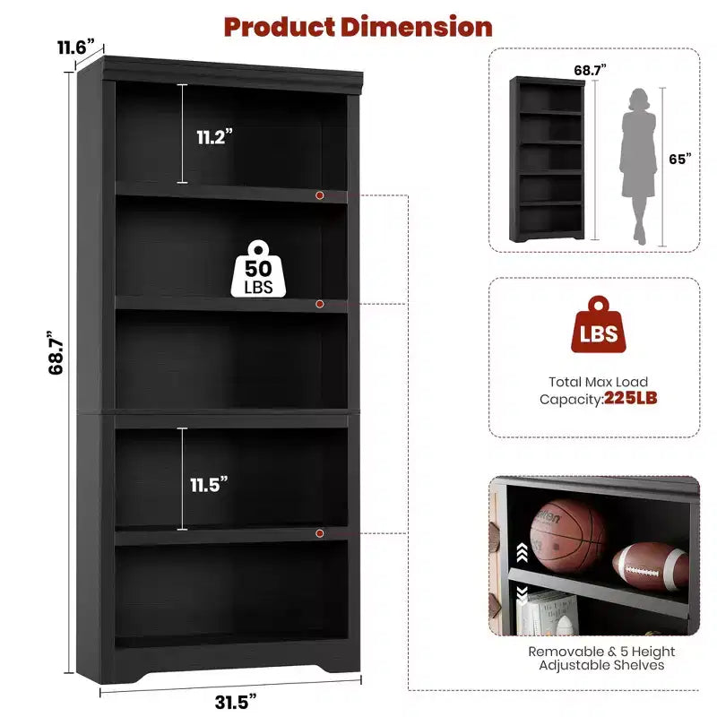 Étagère de style rustique à 5 niveaux, bibliothèque haute de 175 cm avec étagères réglables et conception antidérapante, étagère de rangement ouverte pour bureau à domicile, salon