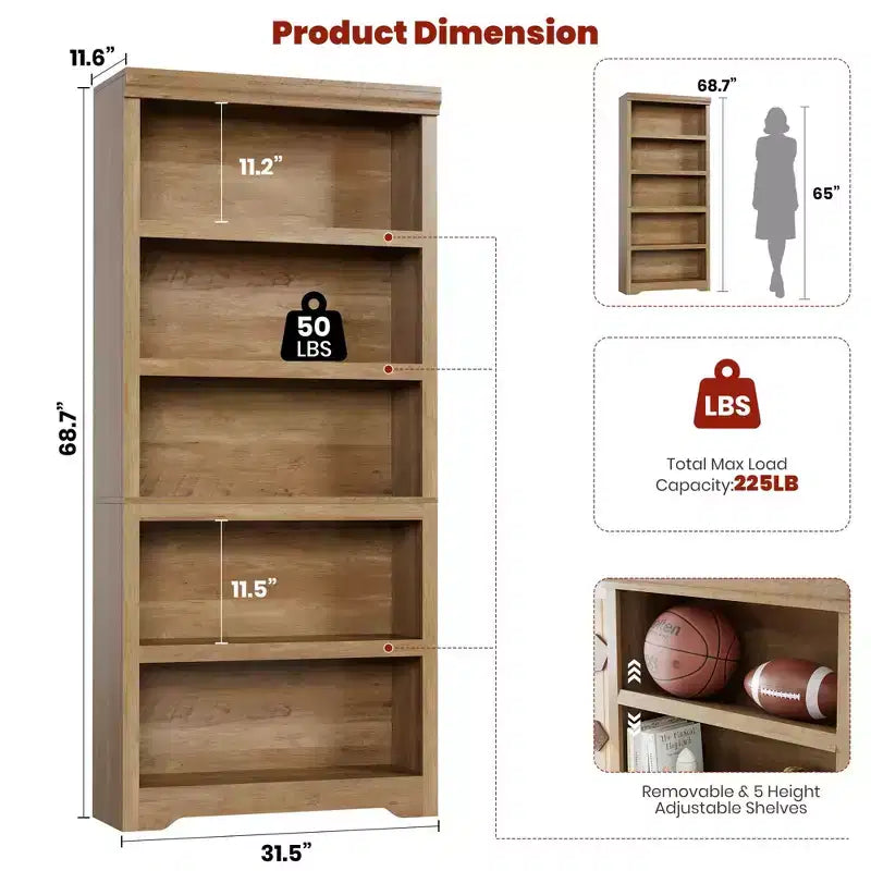 Étagère de style rustique à 5 niveaux, bibliothèque haute de 175 cm avec étagères réglables et conception antidérapante, étagère de rangement ouverte pour bureau à domicile, salon