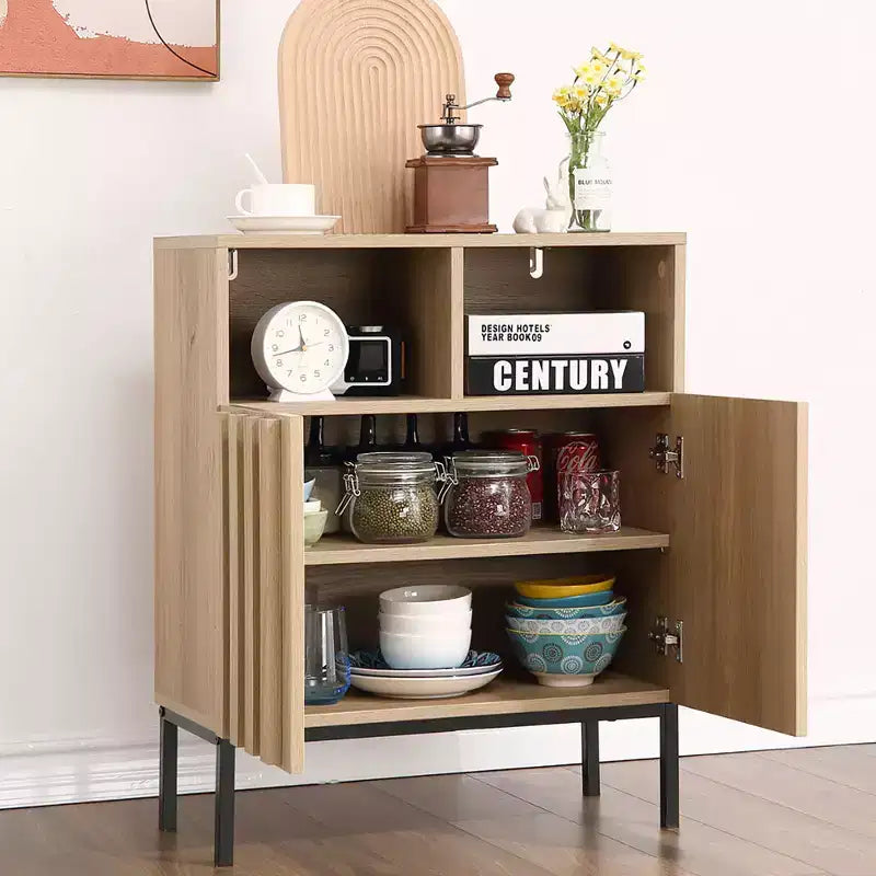 Buffet Cabinet with Storage, Sideboard Cabinet with 2 Fluted Doors, Wood Coffee Bar Table for Entryway, Hallway, Kitchen, Dining Room, Living Room