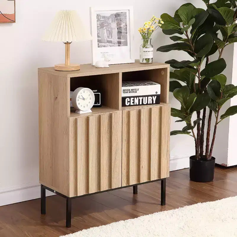 Buffet Cabinet with Storage, Sideboard Cabinet with 2 Fluted Doors, Wood Coffee Bar Table for Entryway, Hallway, Kitchen, Dining Room, Living Room