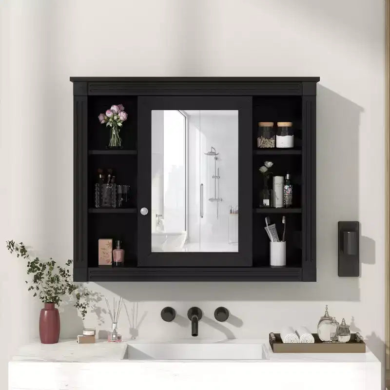 AMMER 35'' x 28'' Wall Mounted Bathroom Storage Cabinet, Modern Bathroom Wall Cabinet with Mirror, Mirror Cabinet with 6 Open Shelves, Black