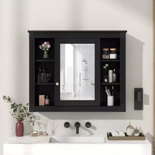 AMMER 35'' x 28'' Wall Mounted Bathroom Storage Cabinet, Modern Bathroom Wall Cabinet with Mirror, Mirror Cabinet with 6 Open Shelves, Black