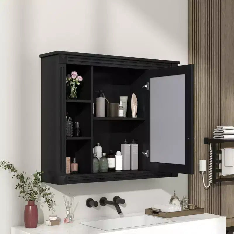 Armoire murale de salle de bain, armoire murale de salle de bain moderne avec miroir, armoire de toilette avec 6 étagères ouvertes, noir