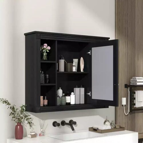 AMMER 35'' x 28'' Wall Mounted Bathroom Storage Cabinet, Modern Bathroom Wall Cabinet with Mirror, Mirror Cabinet with 6 Open Shelves, Black