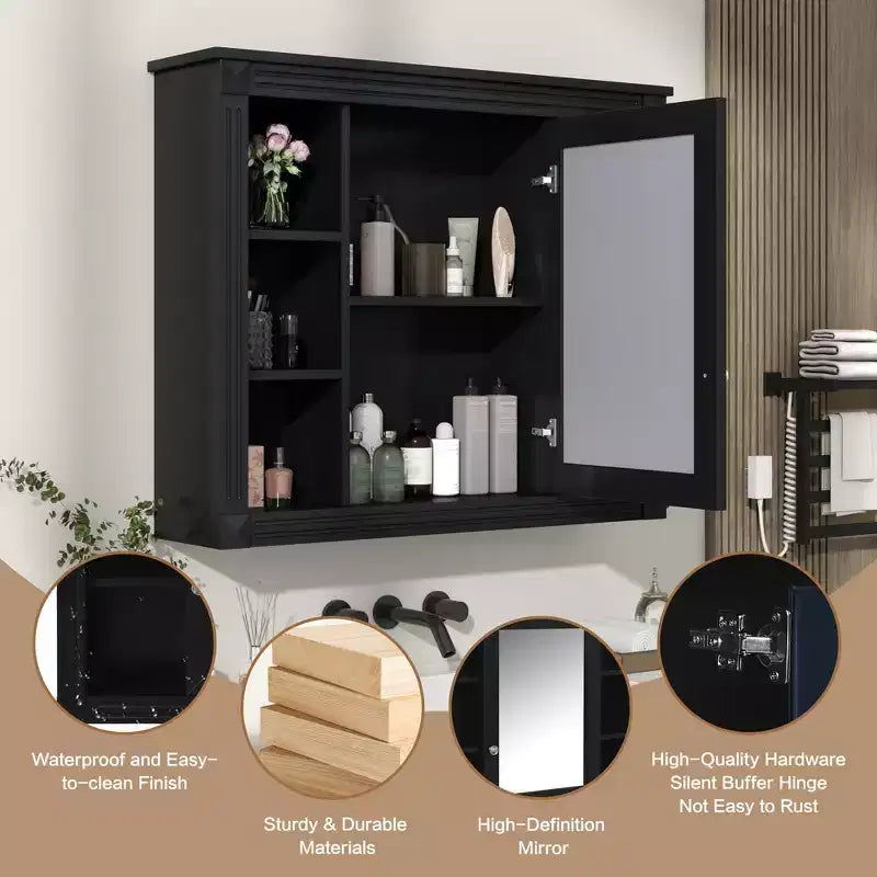 Armoire murale de salle de bain, armoire murale de salle de bain moderne avec miroir, armoire de toilette avec 6 étagères ouvertes, noir