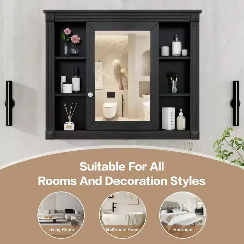 Armoire murale de salle de bain, armoire murale de salle de bain moderne avec miroir, armoire de toilette avec 6 étagères ouvertes, noir