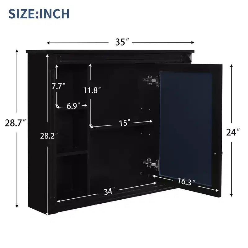 Armoire murale de salle de bain, armoire murale de salle de bain moderne avec miroir, armoire de toilette avec 6 étagères ouvertes, noir