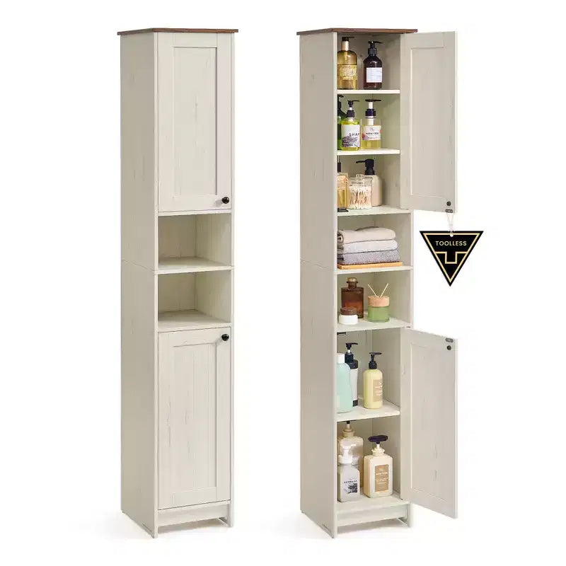 SONGMICS HOME Storage Cabinet, Superfast Toolless Assembly, Slim Tall Standing Cabinet with Adjustable Shelves, Open Compartments, Rustic White