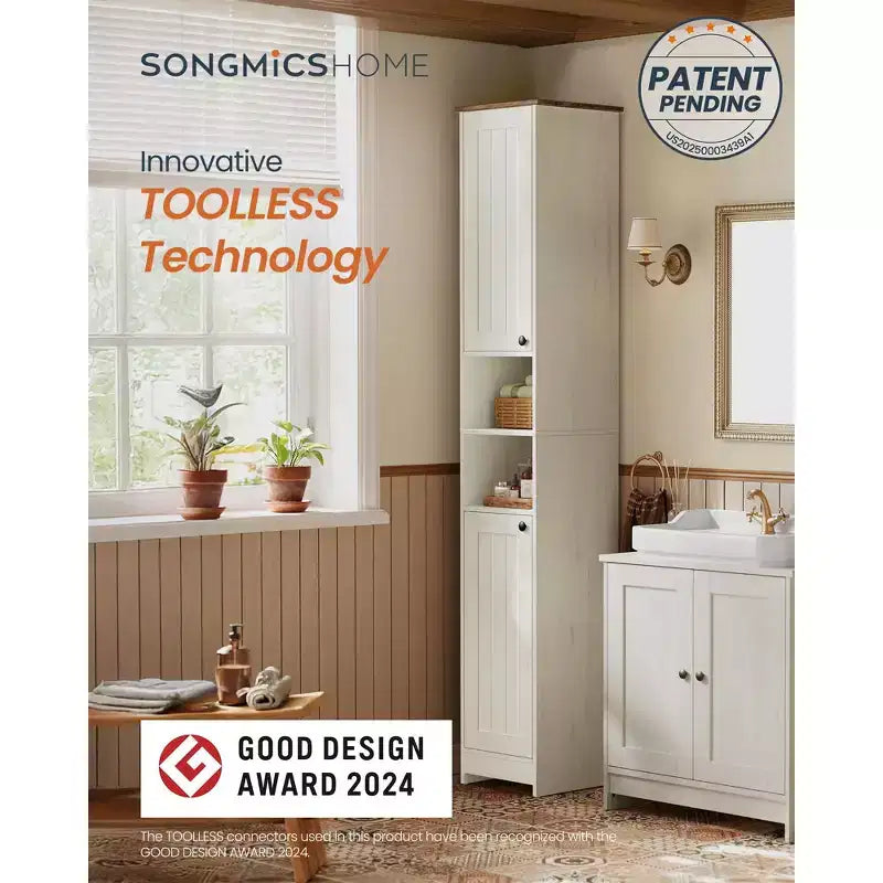 Meuble de rangement, assemblage sans outil ultrarapide, armoire haute et étroite avec étagères réglables, compartiments ouverts, blanc rustique