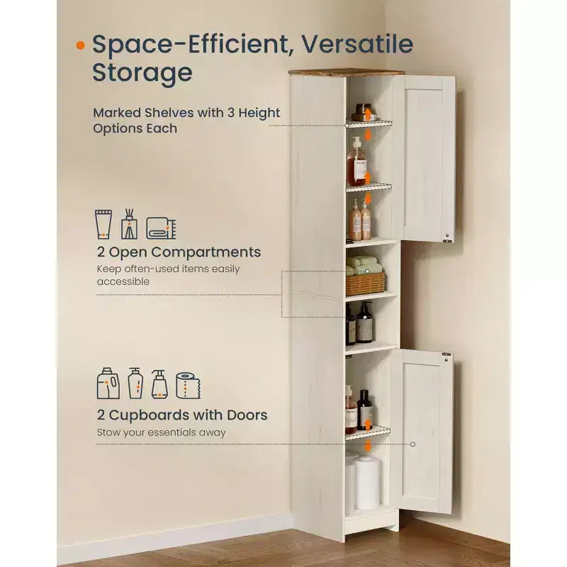 Meuble de rangement, assemblage sans outil ultrarapide, armoire haute et étroite avec étagères réglables, compartiments ouverts, blanc rustique