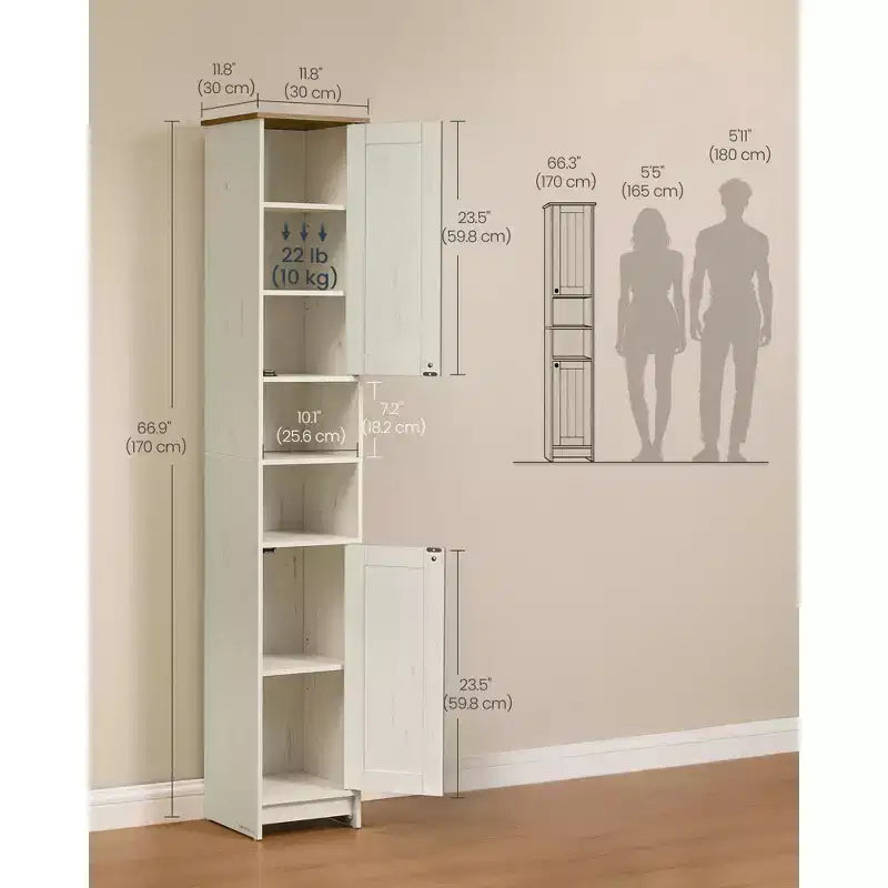 Meuble de rangement, assemblage sans outil ultrarapide, armoire haute et étroite avec étagères réglables, compartiments ouverts, blanc rustique
