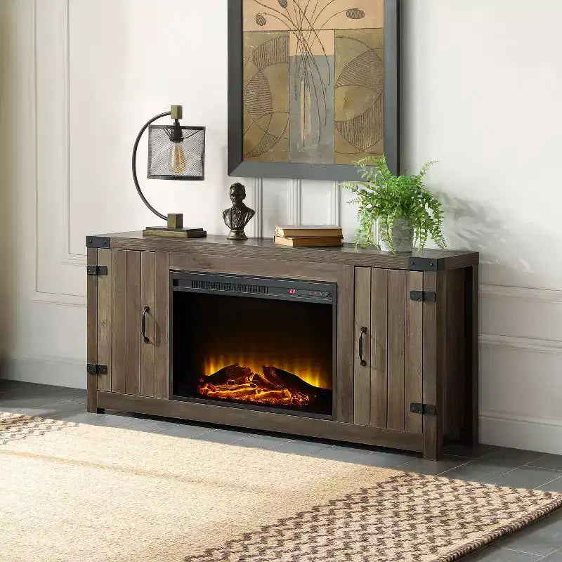 Rustic Oak Finish Fireplace with 2 Storage Drawers